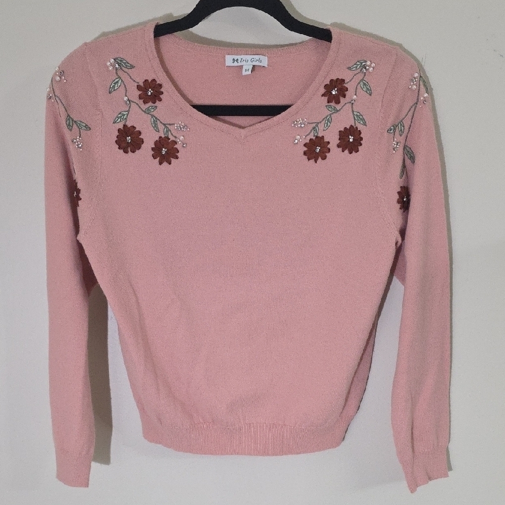 Pink Floral Embellished Knit Sweater